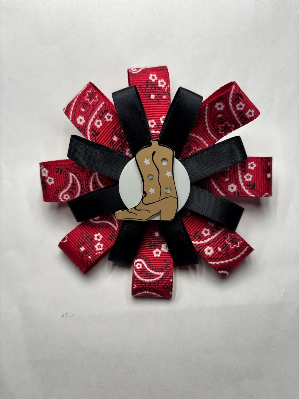 Cowboy Boot Ribbon Hair Bow - Red Bandana & Black Ribbon